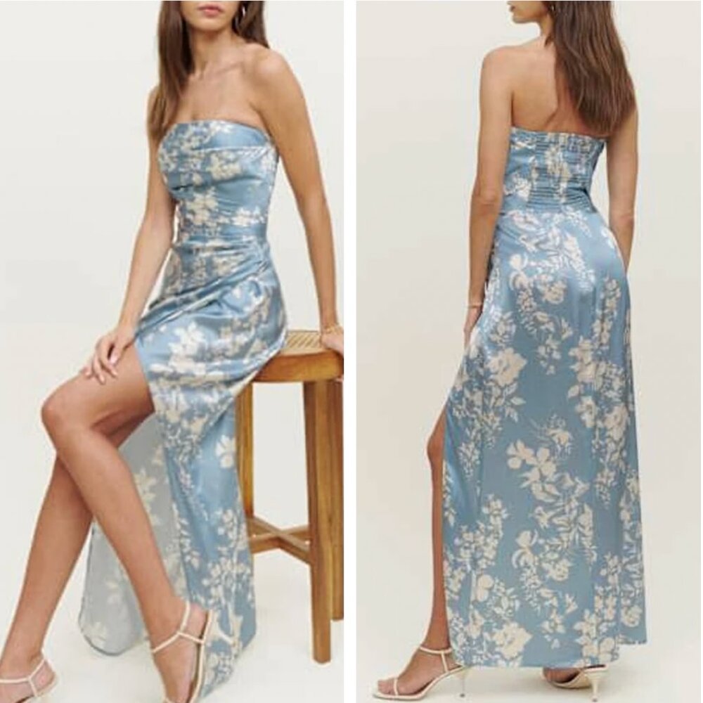 NWT Reformation Barrow Silk Maxi Dress Sz6 Aliso Blue White Floral Cocktail - Picture 1 of 10